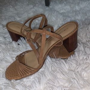 Strappy brown chunk heels